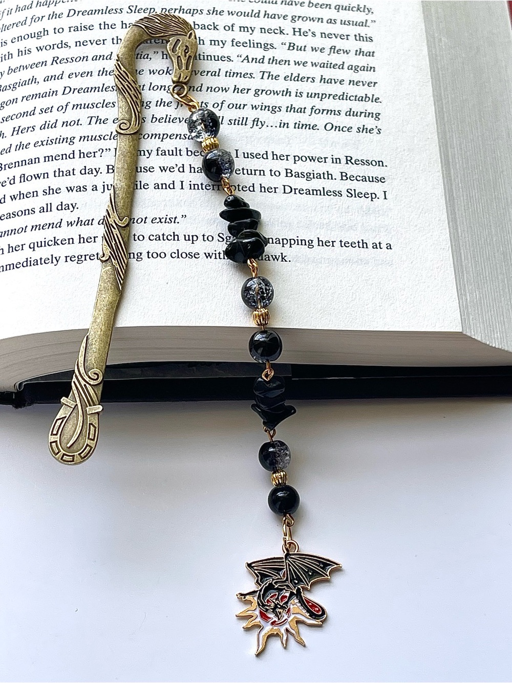 Handmade Black Beaded Dragon Horse Bookmark with Bronze Finish